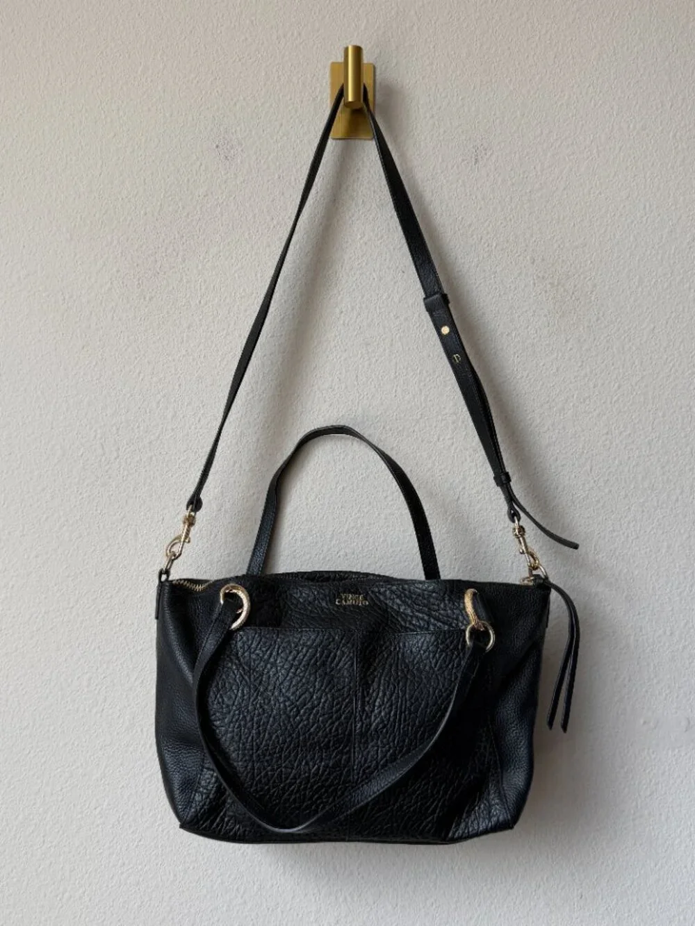 Vince Camuto Raya Pebbled Leather Tote Satchel Bag in Black